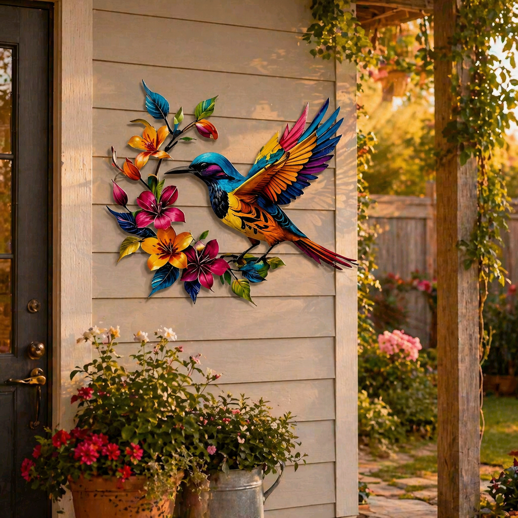 Hummingbird Metal Wall Art Flower Bloom Decorative Sculpture Indoor Garden Wall Decor