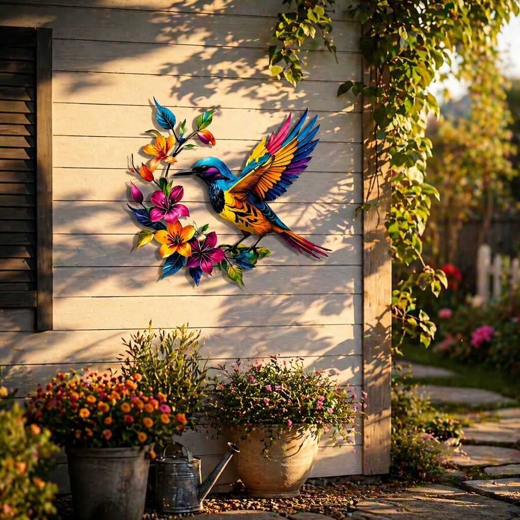 Hummingbird Metal Wall Art Flower Bloom Decorative Sculpture Indoor Garden Wall Decor