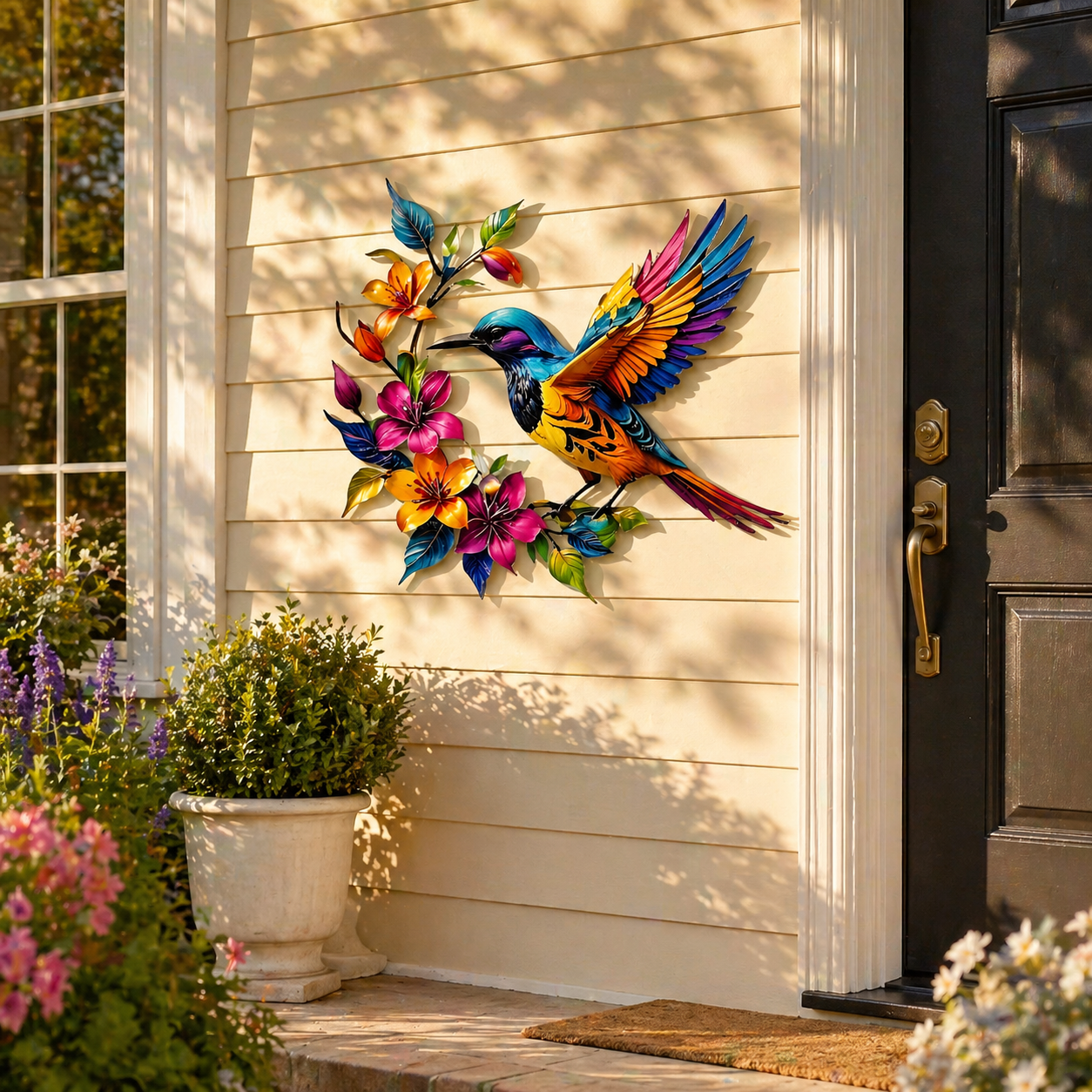 Hummingbird Metal Wall Art Flower Bloom Decorative Sculpture Indoor Garden Wall Decor