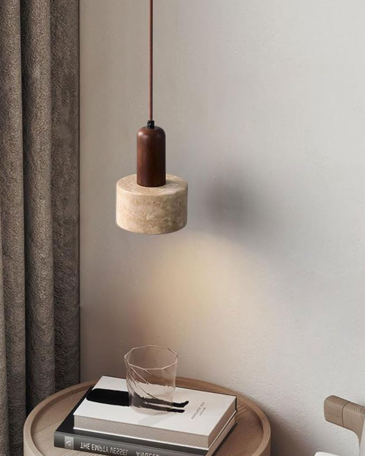 Modern Travertine Wood Cylinder Pendant Light 1-Light