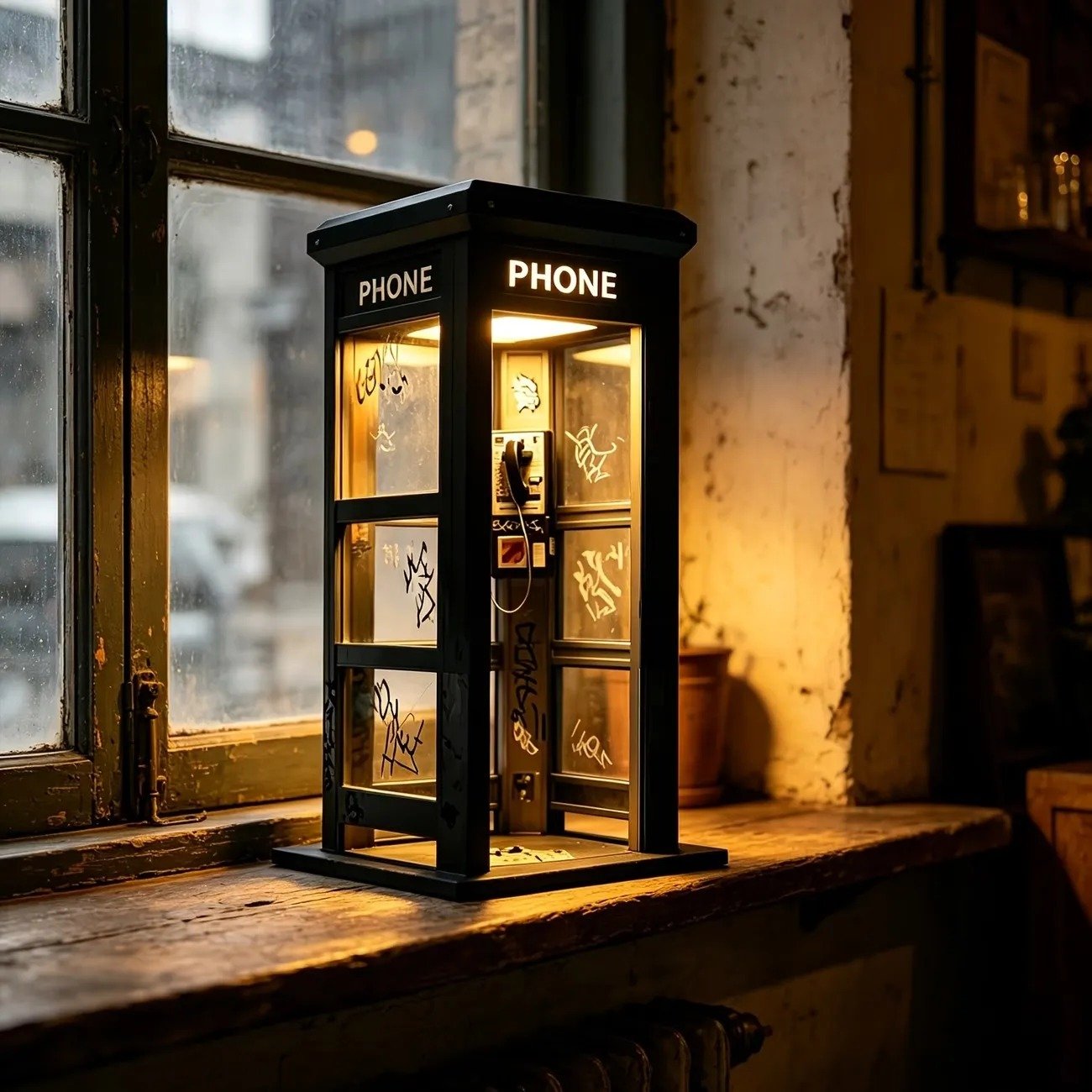 Phone Booth Table Lamp LED Vintage Miniature Night Light Retro Desk Lamp Home Decor