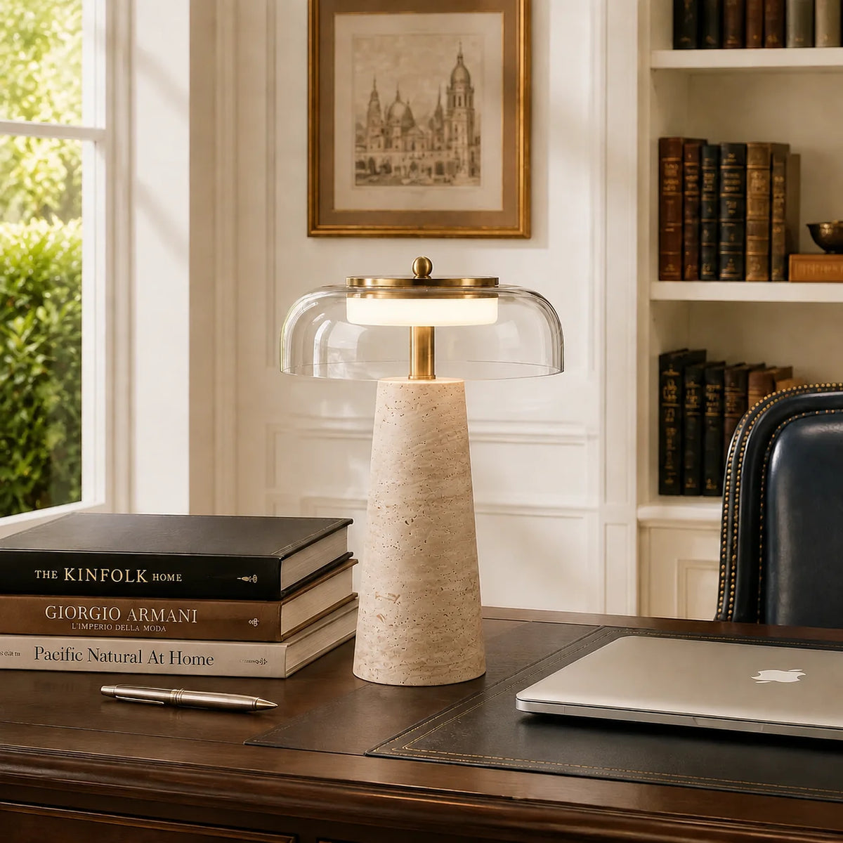 Ryn Wabi‑Sabi Travertine Glass Mushroom Table Light