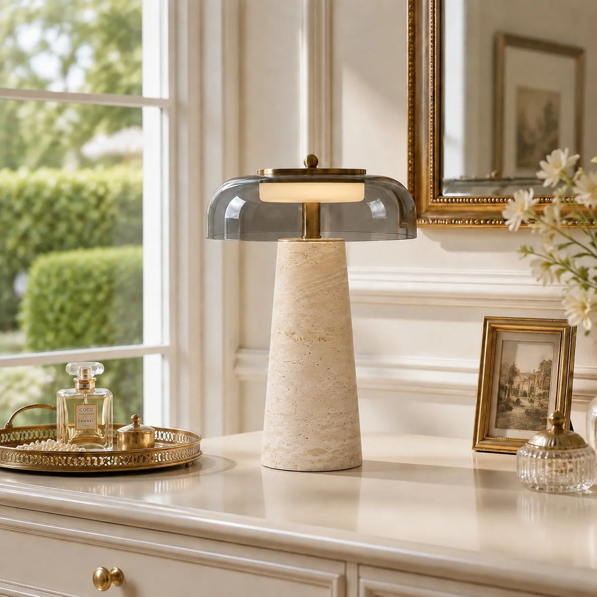 Ryn Wabi‑Sabi Travertine Glass Mushroom Table Light