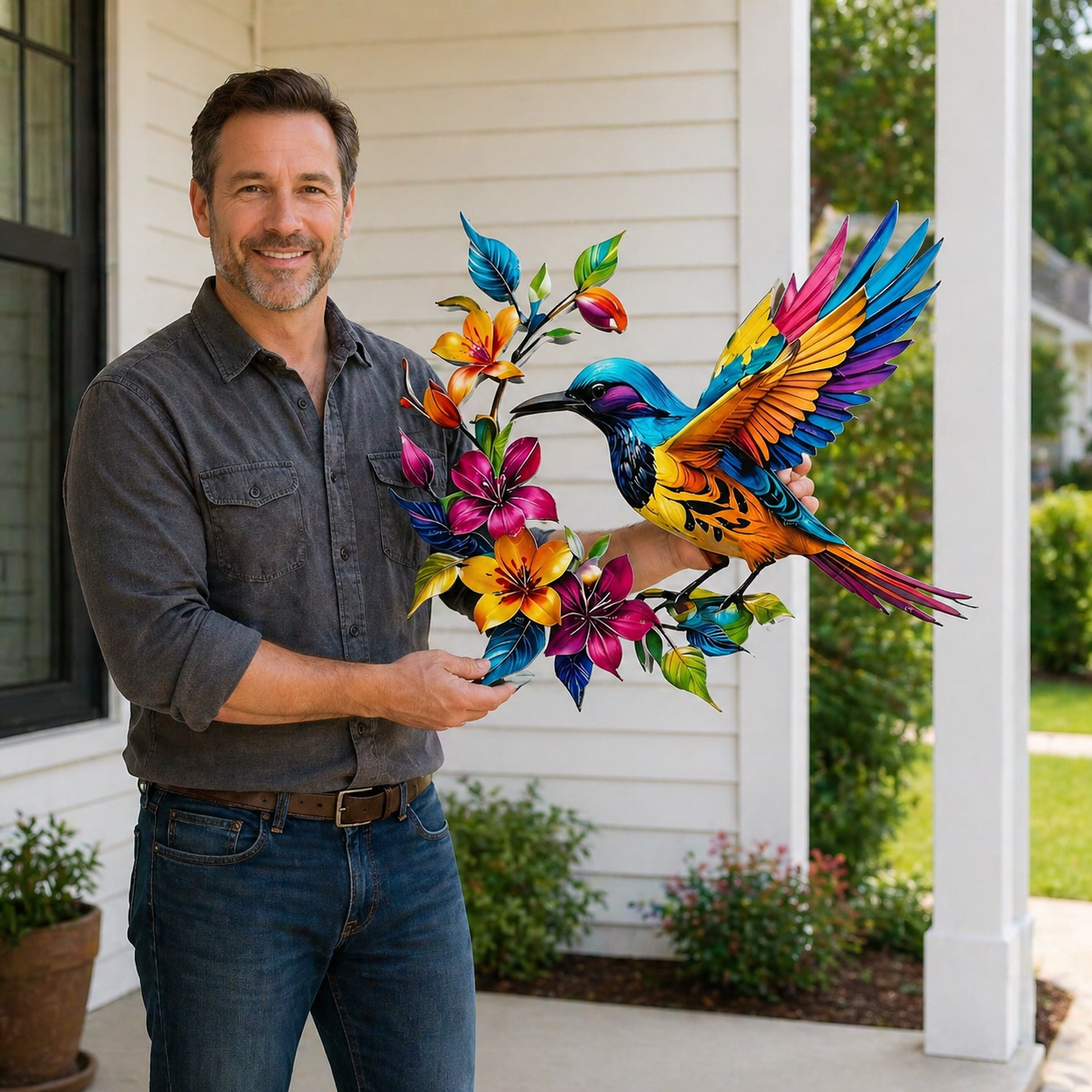 Hummingbird Metal Wall Art Flower Bloom Decorative Sculpture Indoor Garden Wall Decor