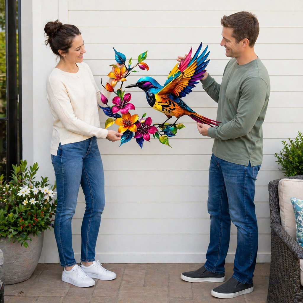 Hummingbird Metal Wall Art Flower Bloom Decorative Sculpture Indoor Garden Wall Decor