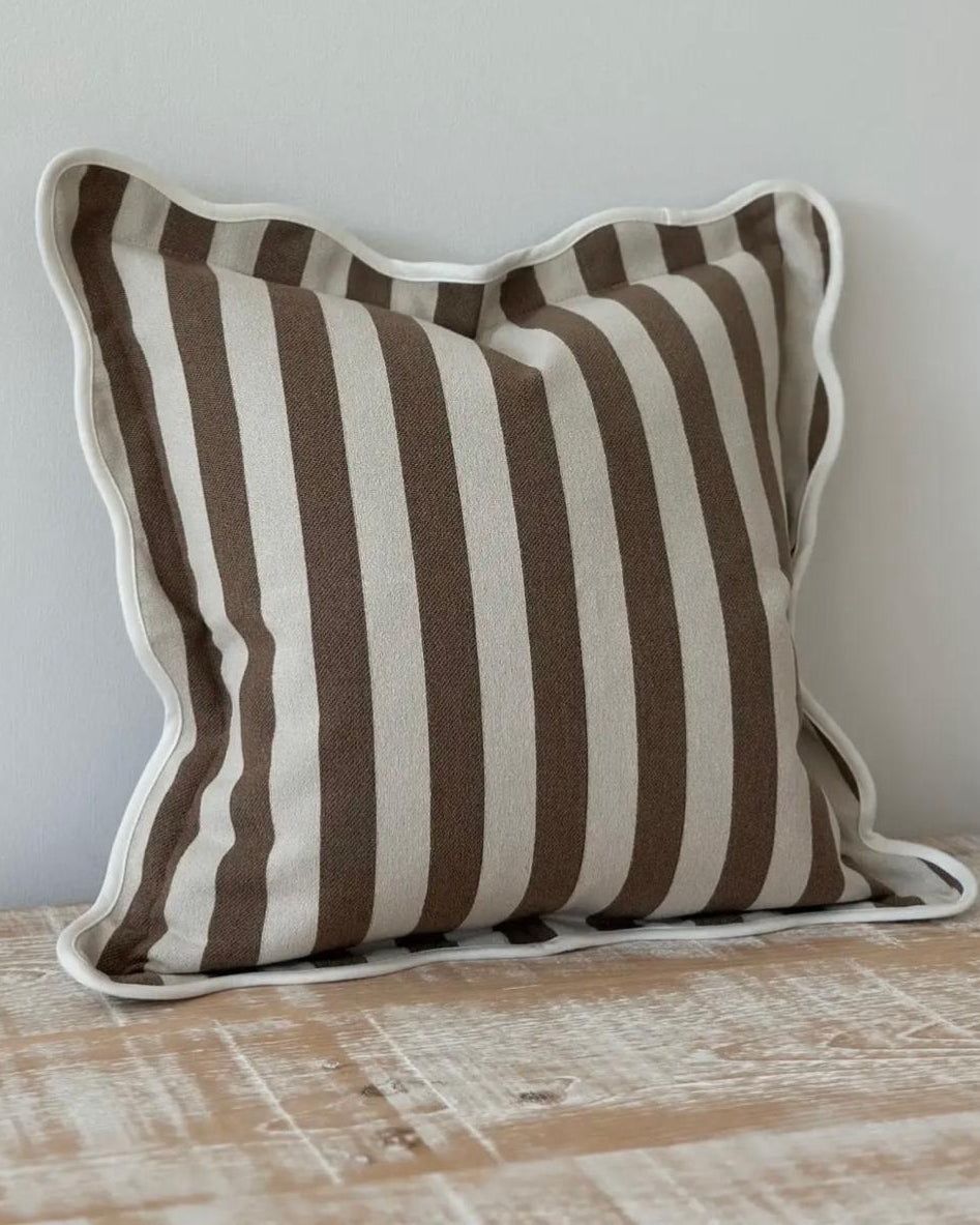 Chloe Brown Square Stripe Scalloped Cushion Cover Sofa Decor