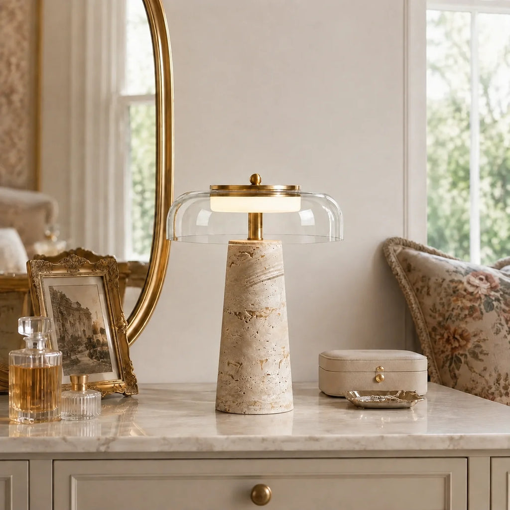 Ryn Wabi‑Sabi Travertine Glass Mushroom Table Light