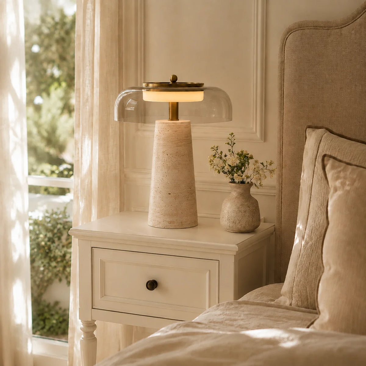 Ryn Wabi‑Sabi Travertine Glass Mushroom Table Light