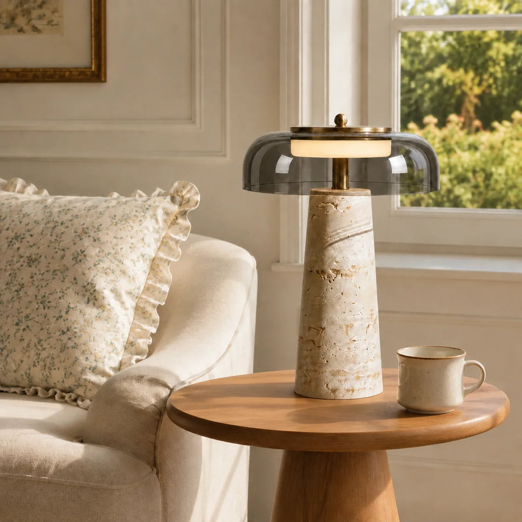 Ryn Wabi‑Sabi Travertine Glass Mushroom Table Light