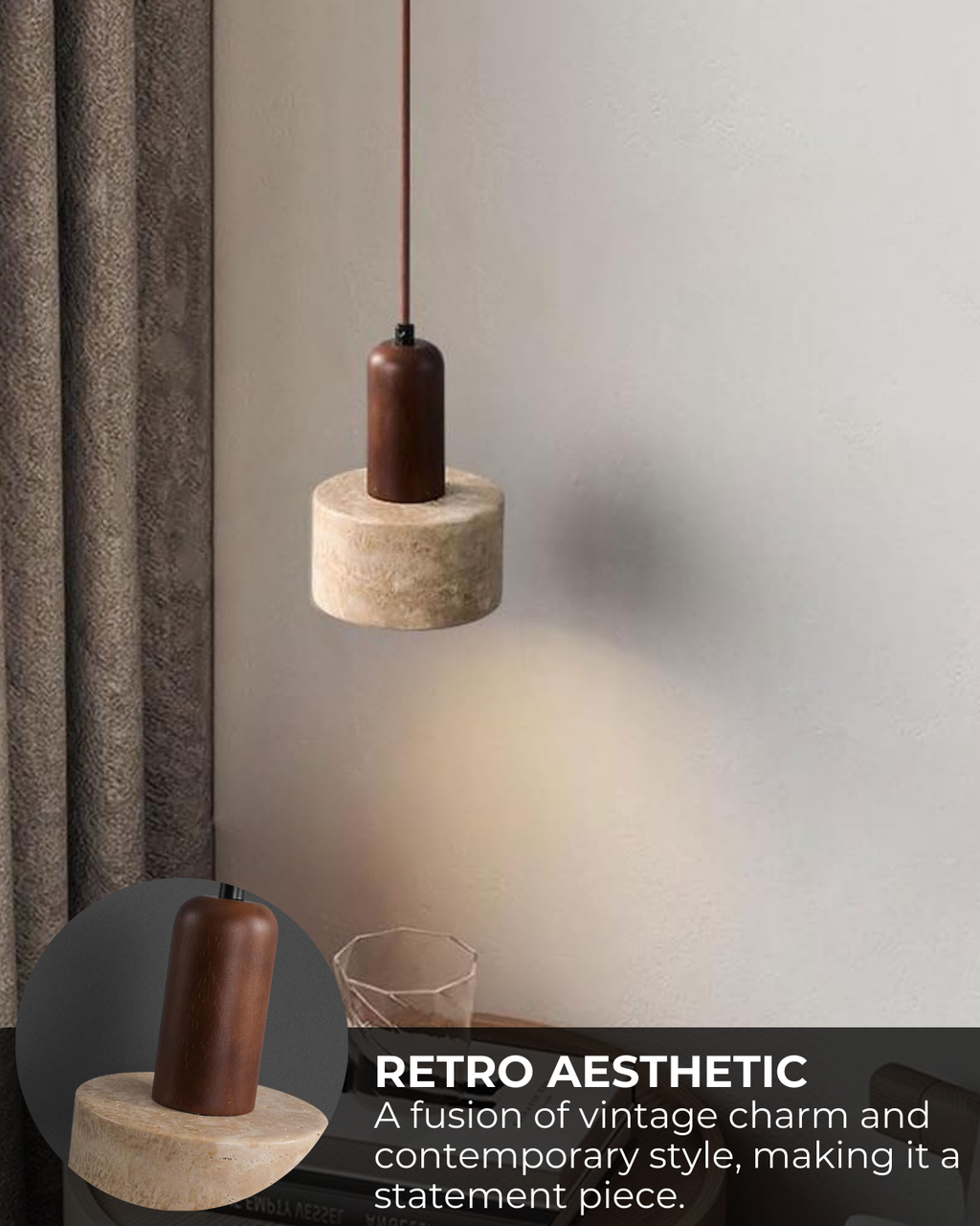 Modern Travertine Wood Cylinder Pendant Light 1-Light