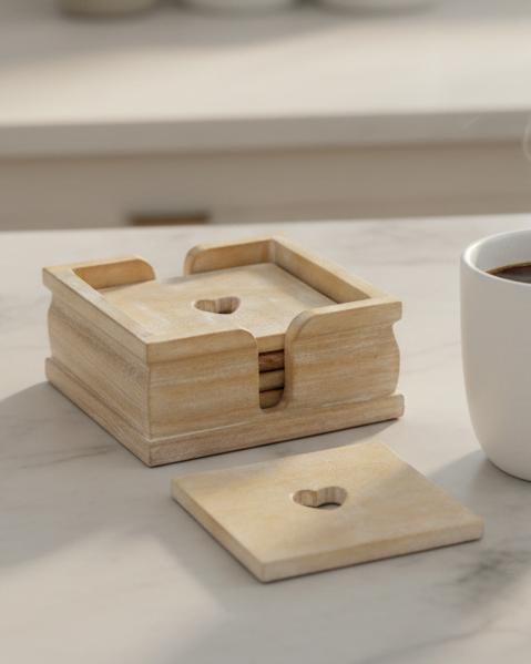 Wood Heart Coasters And Holder Set of Six Rustic Home Decor
