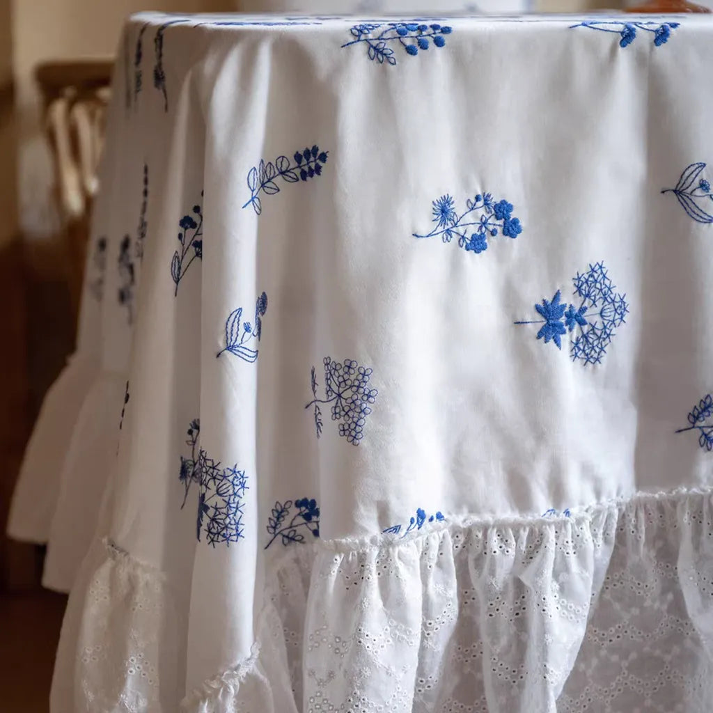 Blue Floral Embroidered Tablecloth Cotton Linen Table Decor