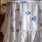 Blue Floral Embroidered Tablecloth Cotton Linen Table Decor