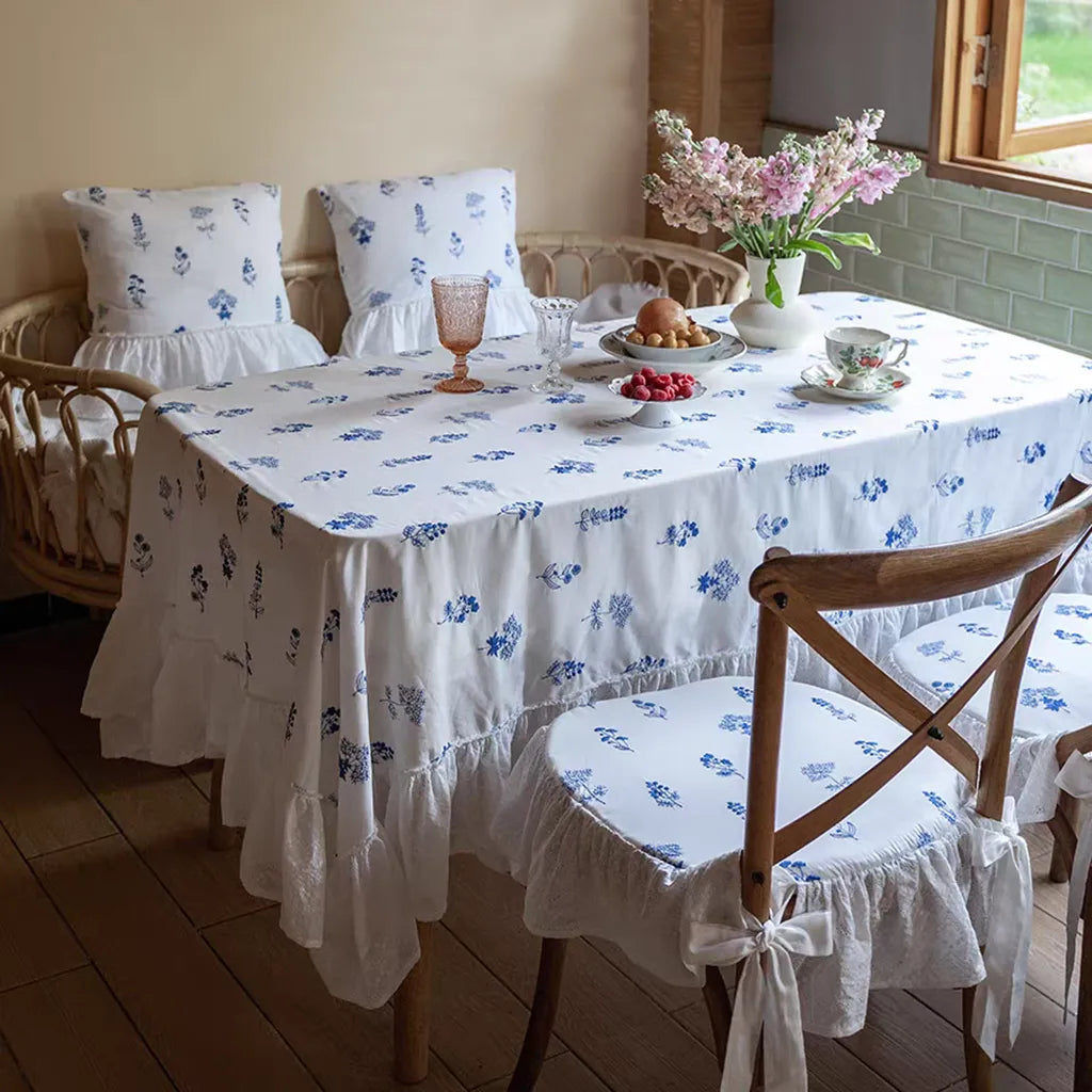 Blue Floral Embroidered Tablecloth Cotton Linen Table Decor