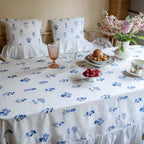 Blue Floral Embroidered Tablecloth Cotton Linen Table Decor