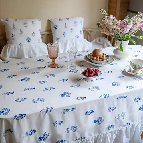 Blue Floral Embroidered Tablecloth Cotton Linen Table Decor
