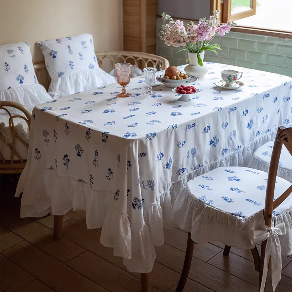 Blue Floral Embroidered Tablecloth Cotton Linen Table Decor