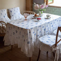 Blue Floral Embroidered Tablecloth Cotton Linen Table Decor