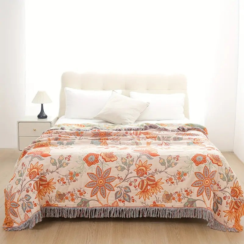 Boho Cotton Floral Throw Blanket