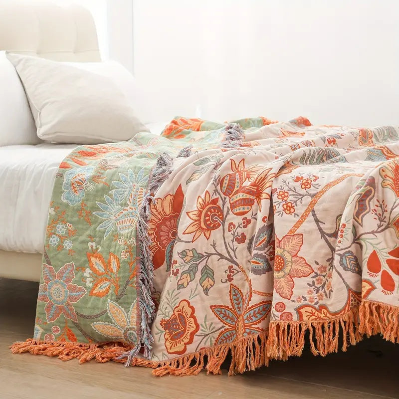 Boho Cotton Floral Throw Blanket