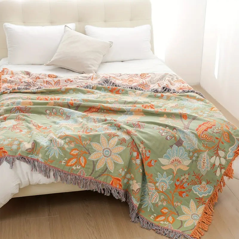 Boho Cotton Floral Throw Blanket