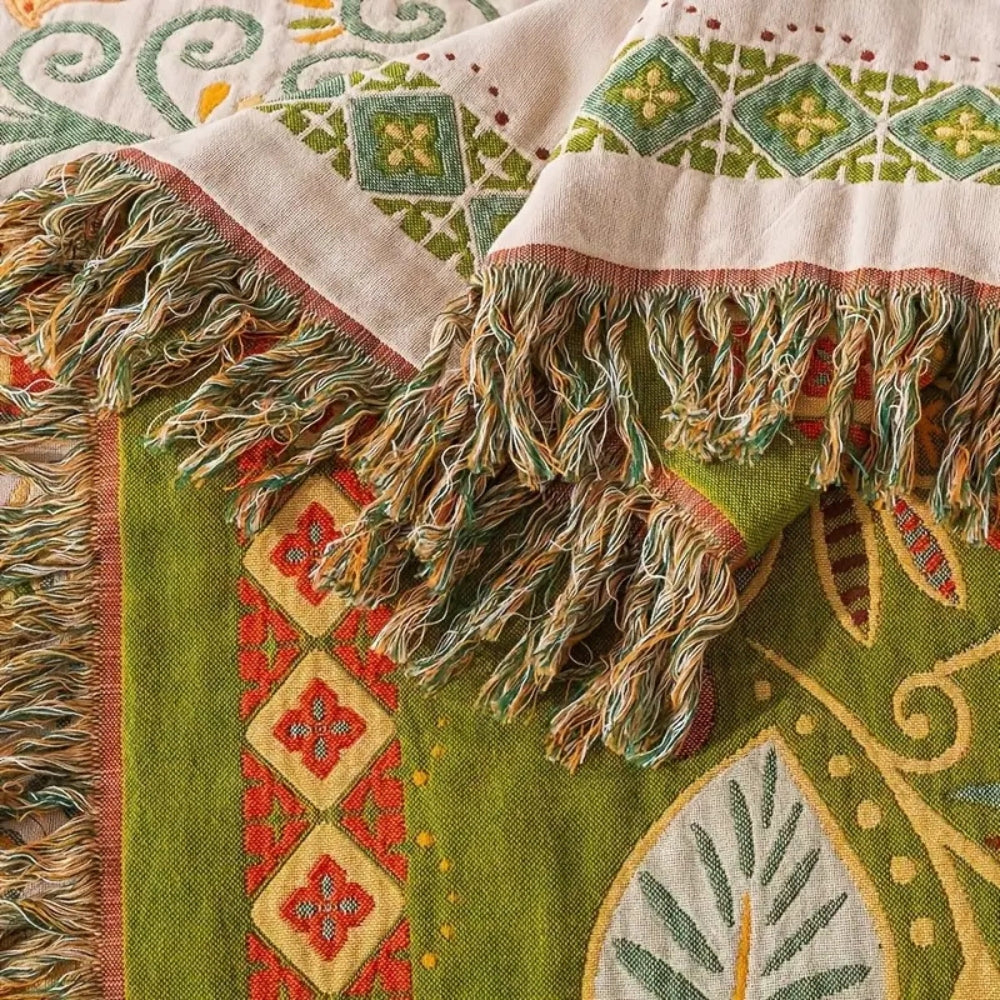 Boho Cotton Folk Art Throw Blanket