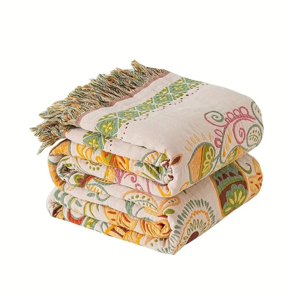 Boho Cotton Folk Art Throw Blanket
