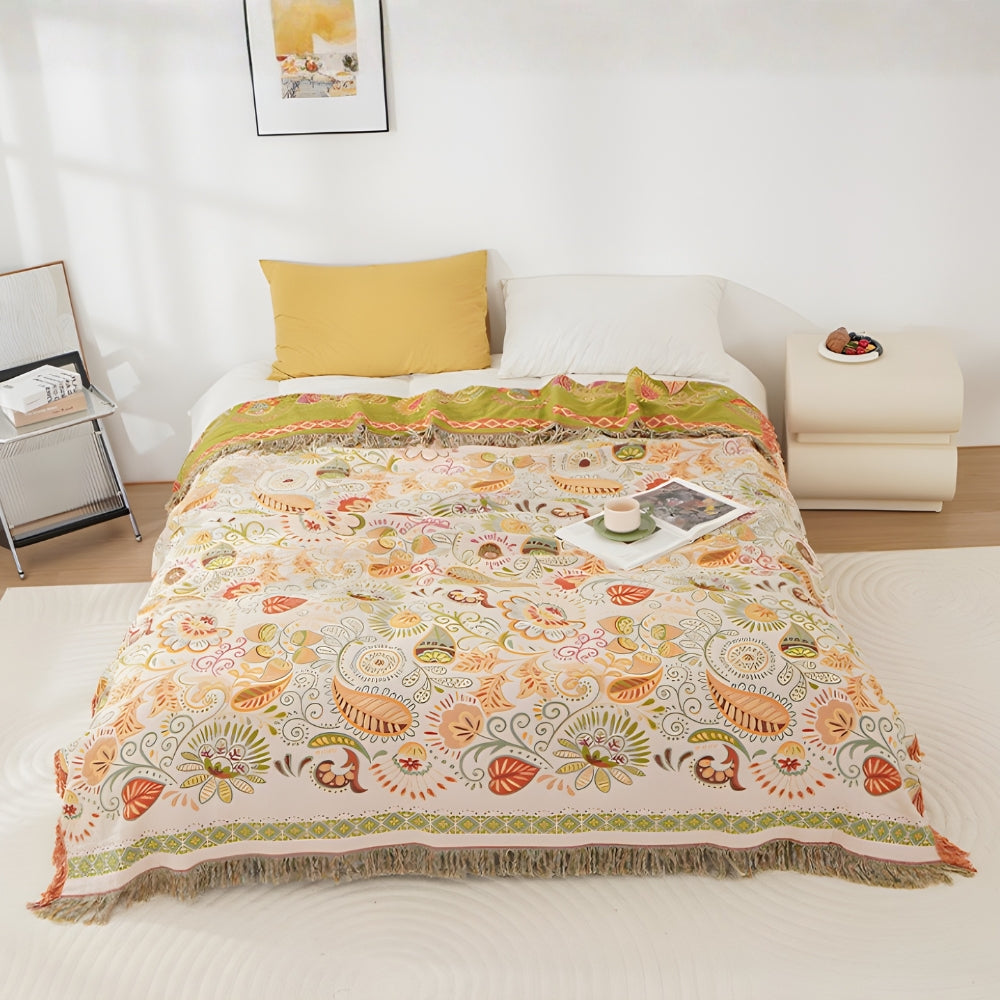 Boho Cotton Folk Art Throw Blanket