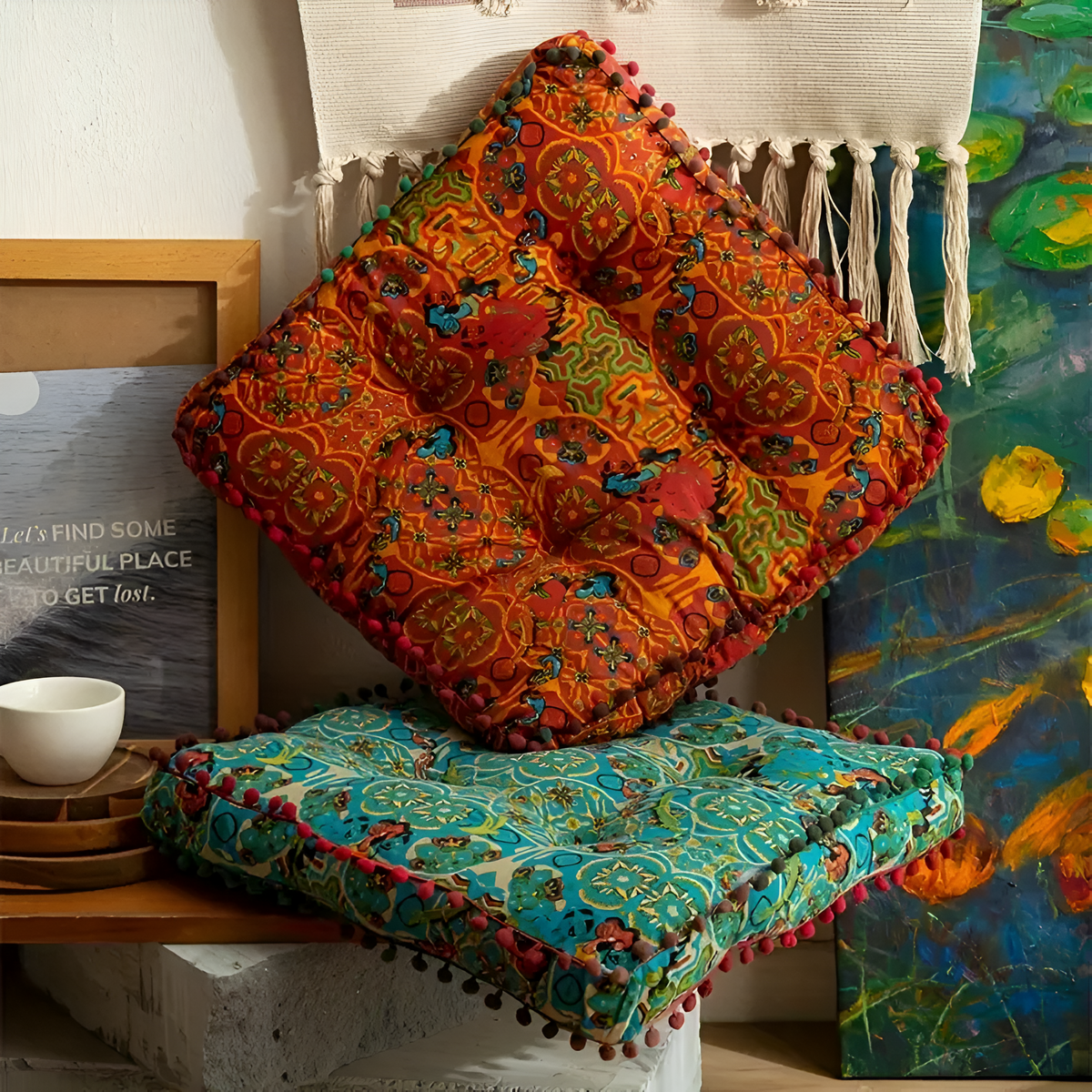 Boho Cotton Linen Geometric Floor Cushion
