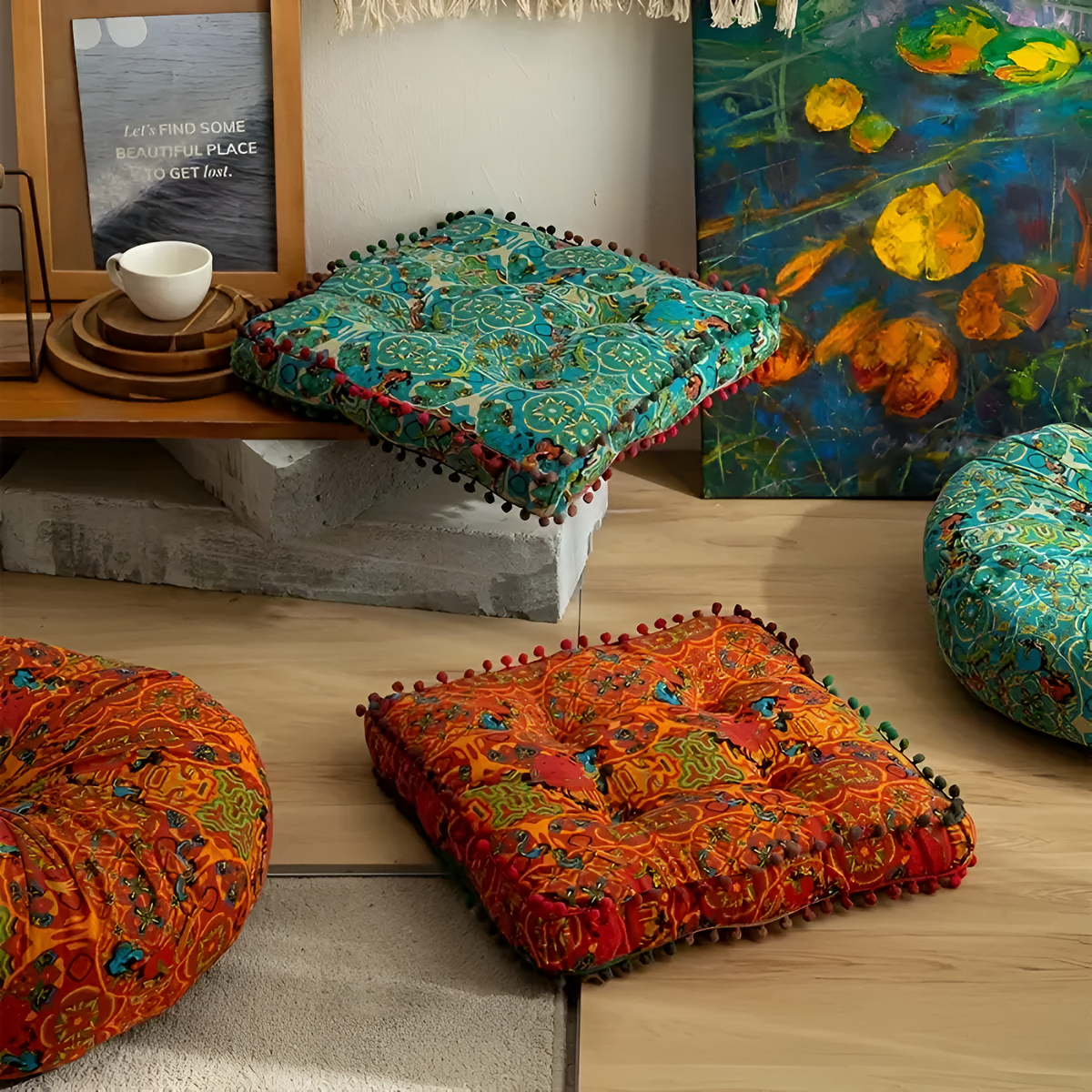 Boho Cotton Linen Geometric Floor Cushion
