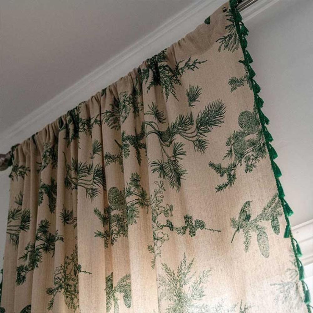 Boho Linen Botanical Bird Tassel Curtain – 1 Panel