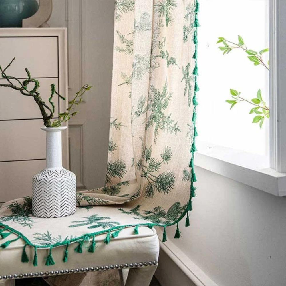 Boho Linen Botanical Bird Tassel Curtain – 1 Panel
