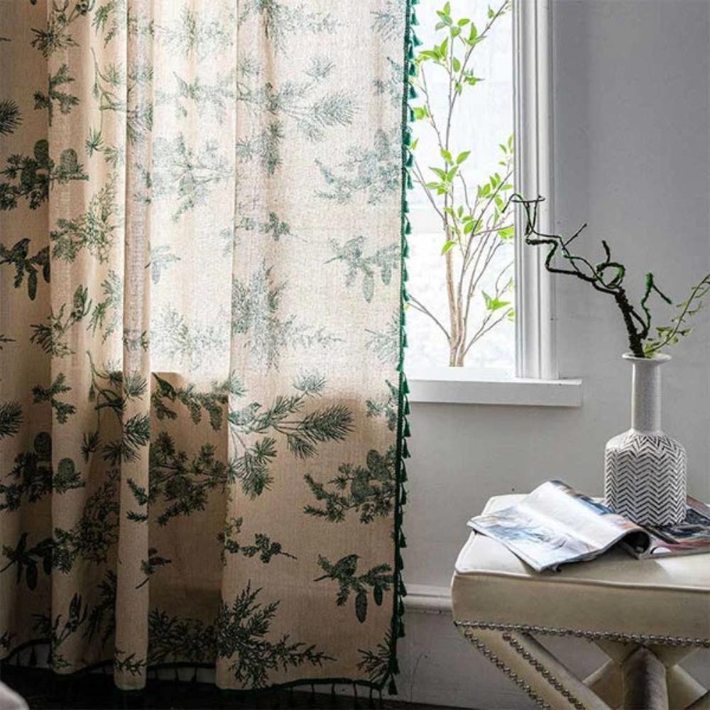 Boho Linen Botanical Bird Tassel Curtain – 1 Panel