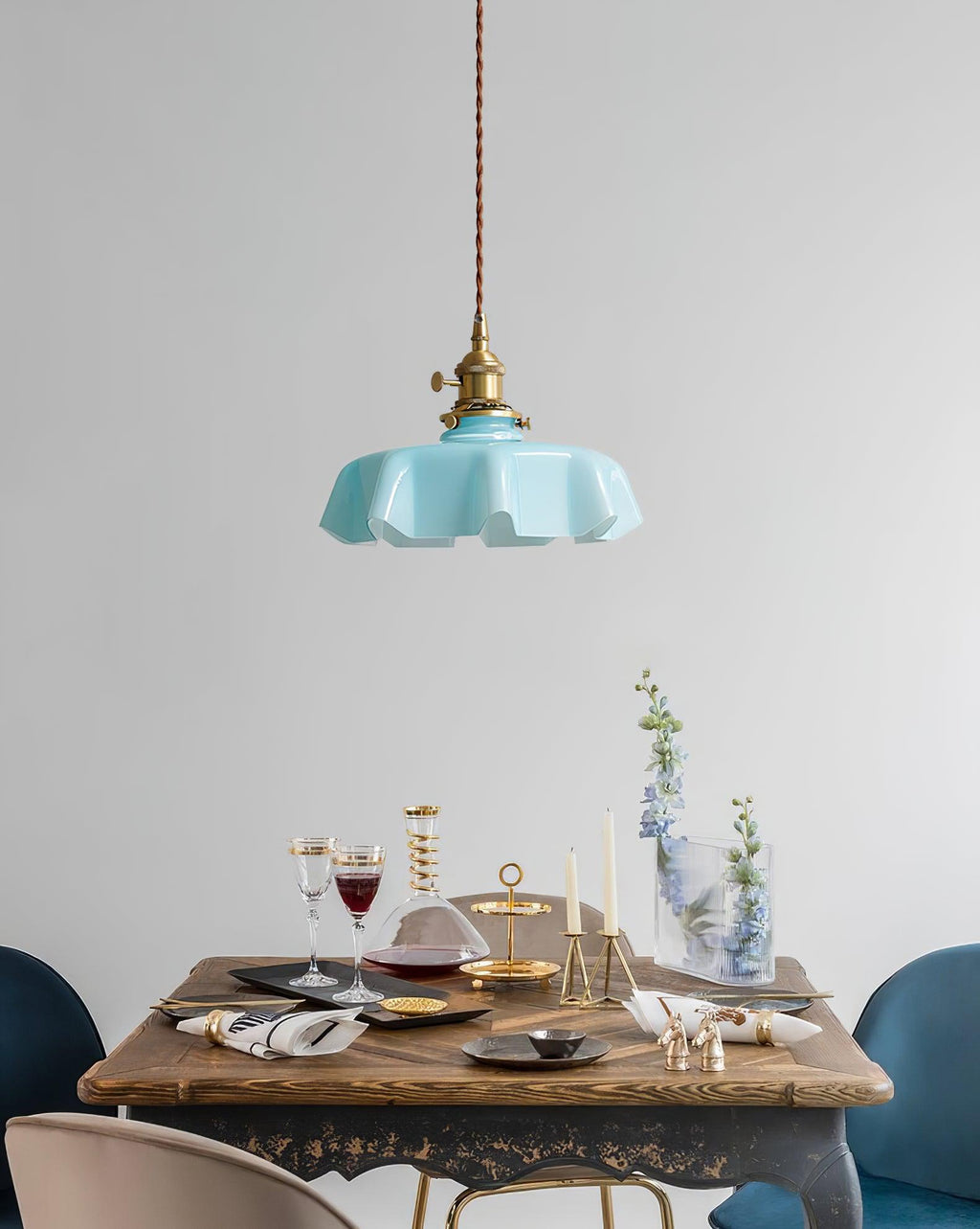 French Ruffled Glass Brass Pendant Light 1-Light