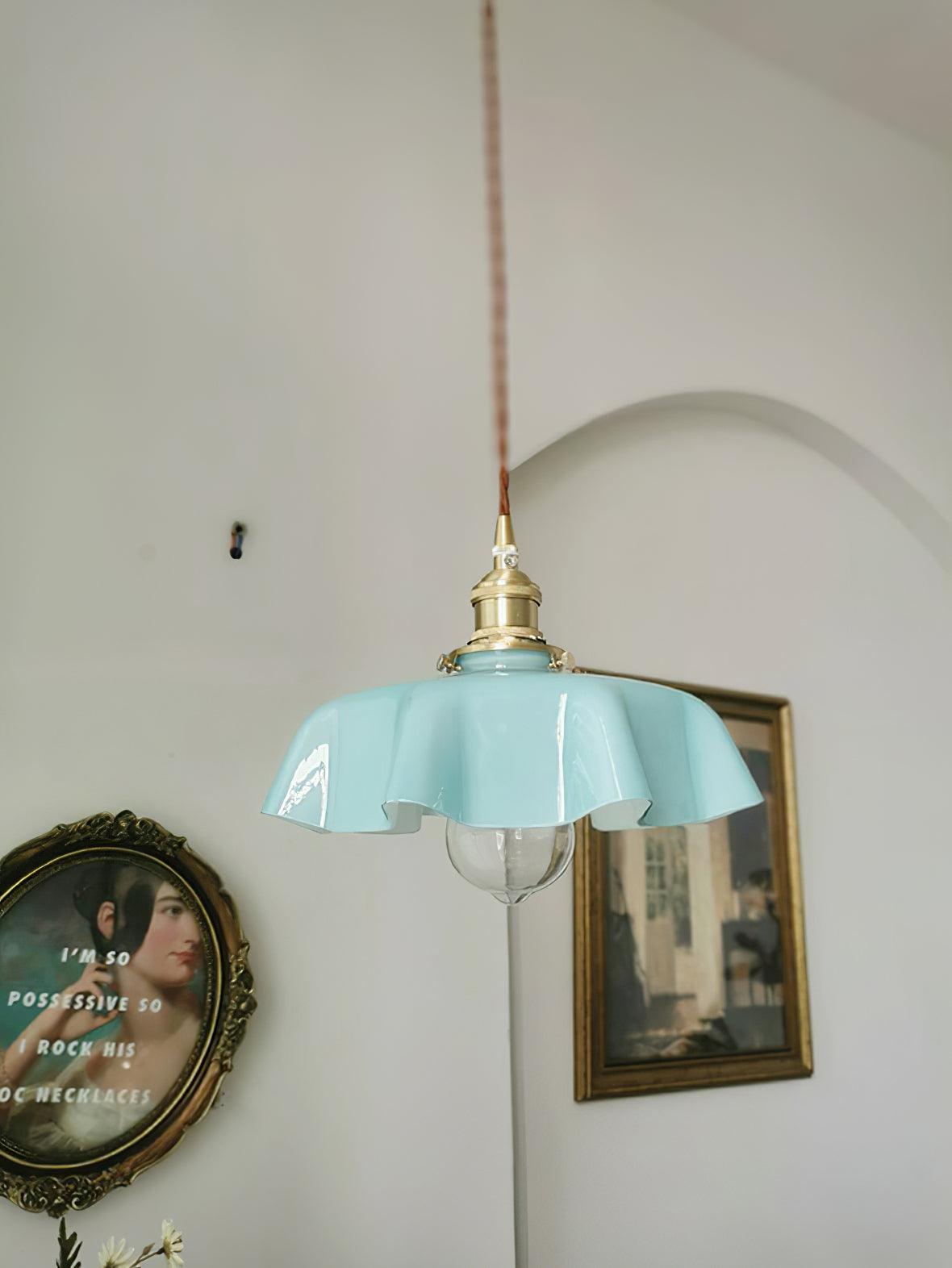 French Ruffled Glass Brass Pendant Light 1-Light