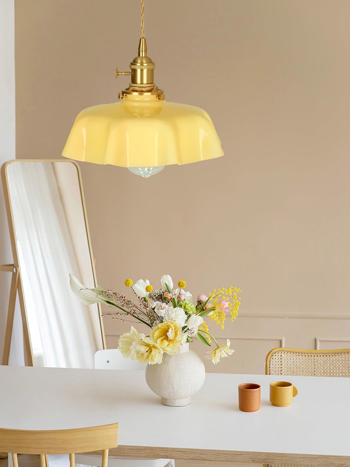 French Ruffled Glass Brass Pendant Light 1-Light