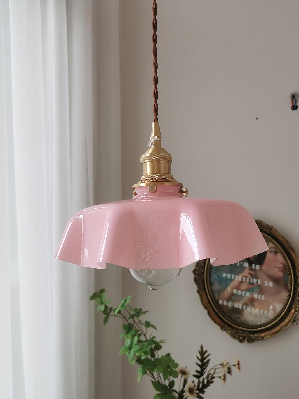 French Ruffled Glass Brass Pendant Light 1-Light