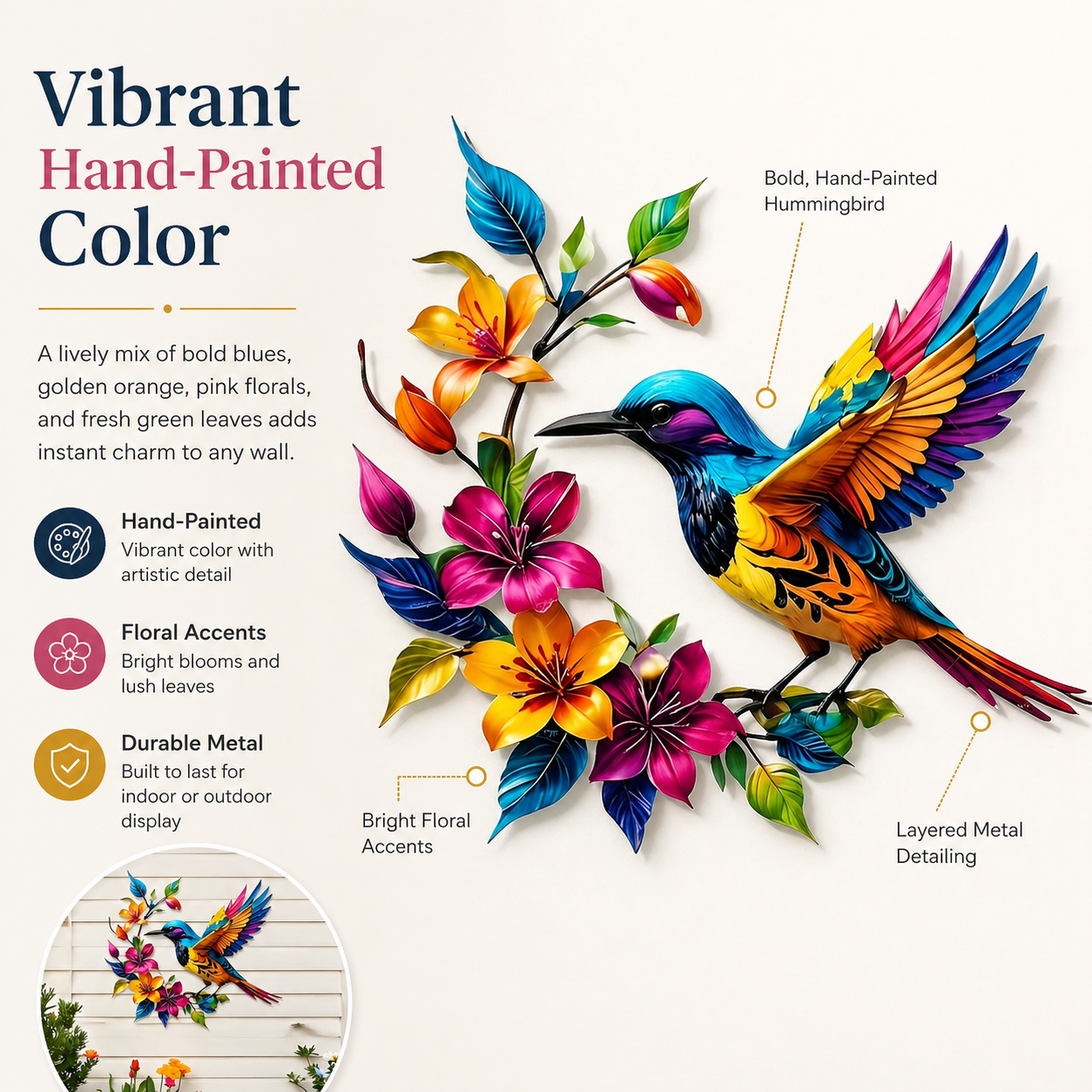 Hummingbird Metal Wall Art Flower Bloom Decorative Sculpture Indoor Garden Wall Decor