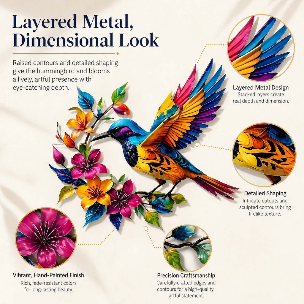 Hummingbird Metal Wall Art Flower Bloom Decorative Sculpture Indoor Garden Wall Decor