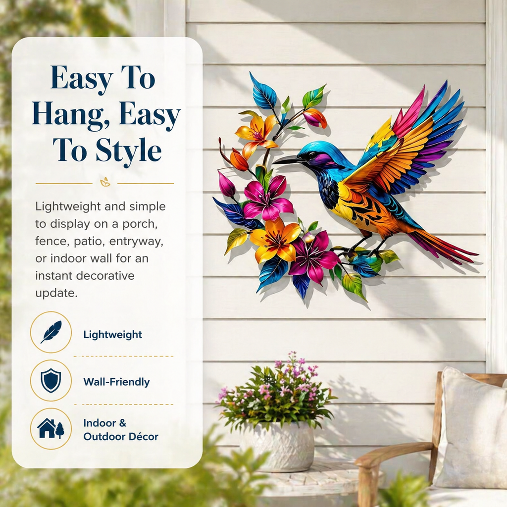 Hummingbird Metal Wall Art Flower Bloom Decorative Sculpture Indoor Garden Wall Decor