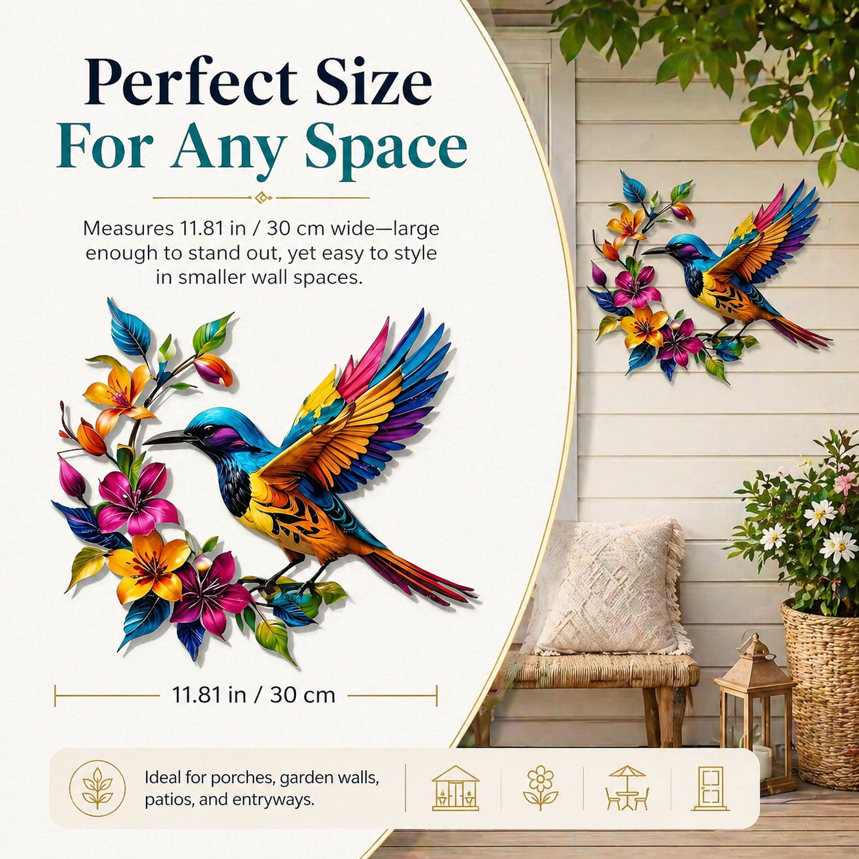 Hummingbird Metal Wall Art Flower Bloom Decorative Sculpture Indoor Garden Wall Decor