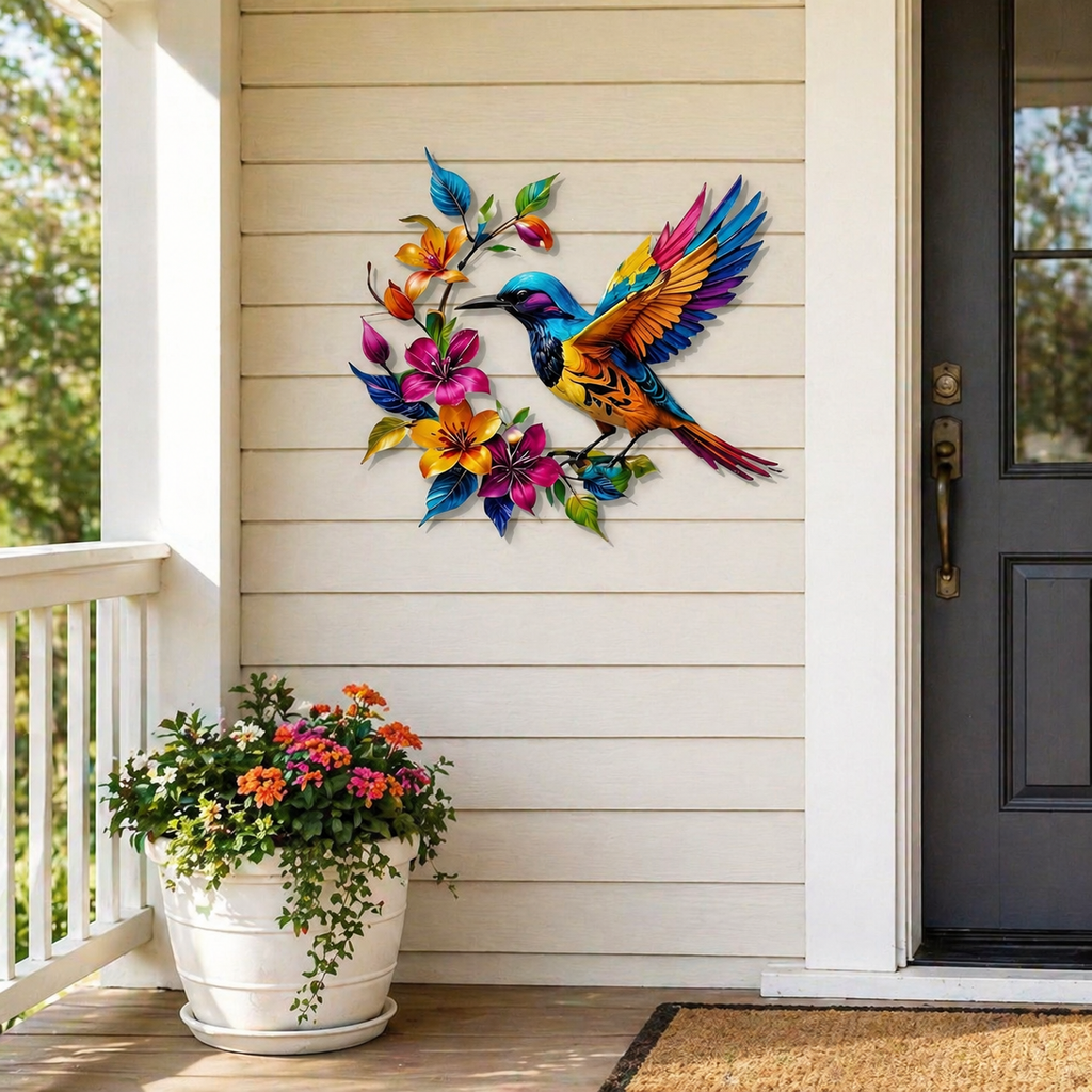 Hummingbird Metal Wall Art Flower Bloom Decorative Sculpture Indoor Garden Wall Decor