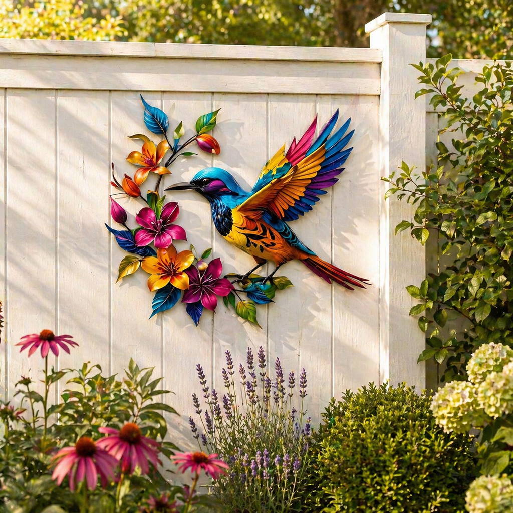 Hummingbird Metal Wall Art Flower Bloom Decorative Sculpture Indoor Garden Wall Decor