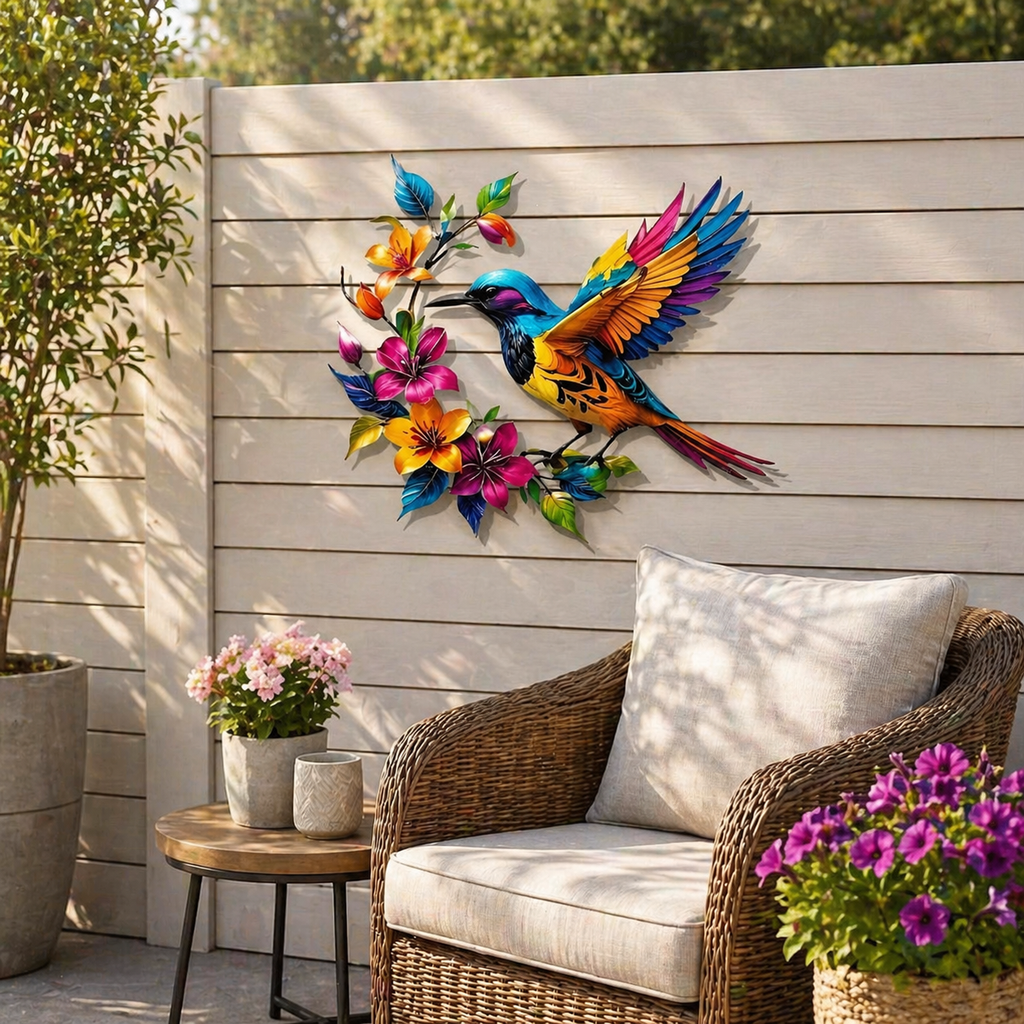 Hummingbird Metal Wall Art Flower Bloom Decorative Sculpture Indoor Garden Wall Decor