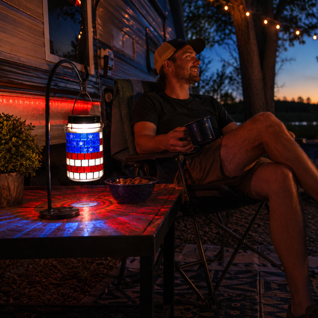 4th of July Solar Lantern Patriotic Mason Jar Outdoor Garden Decorative Light