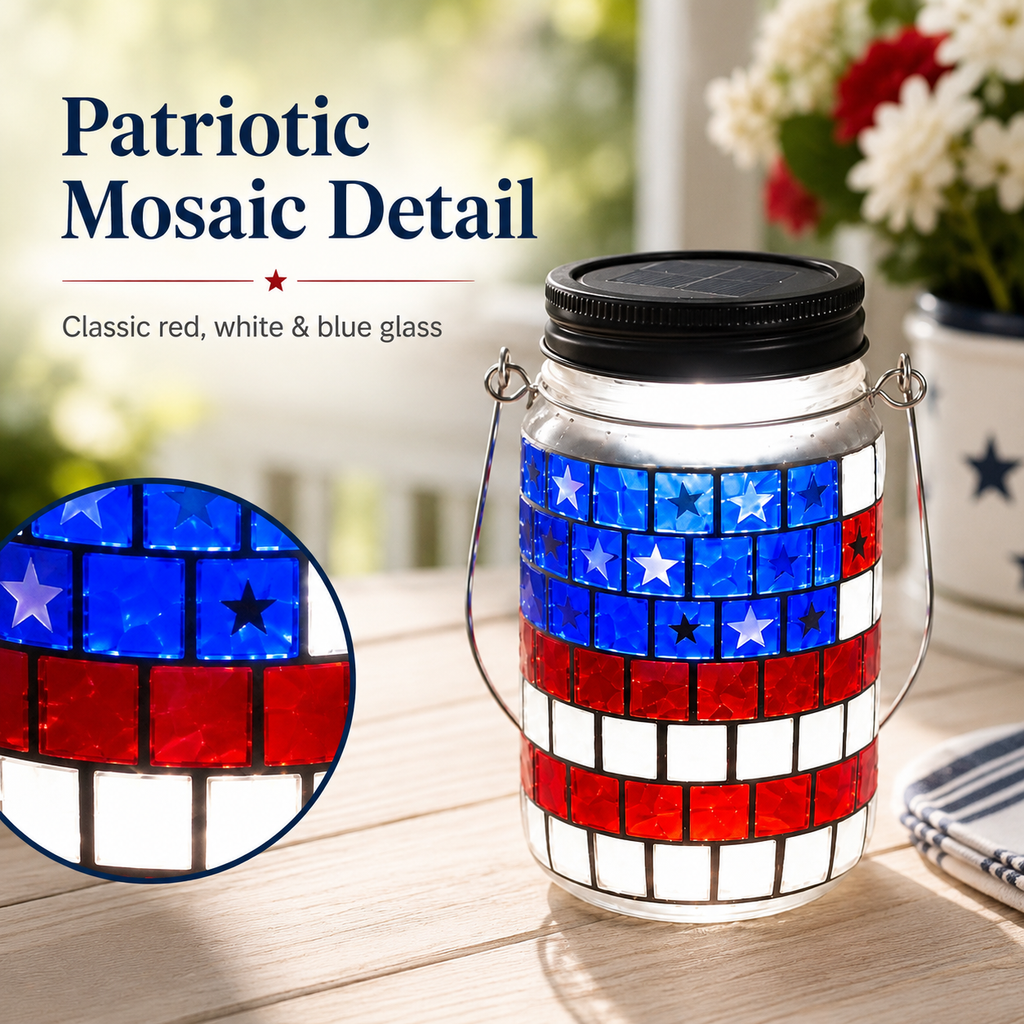 4th of July Solar Lantern Patriotic Mason Jar Outdoor Garden Decorative Light