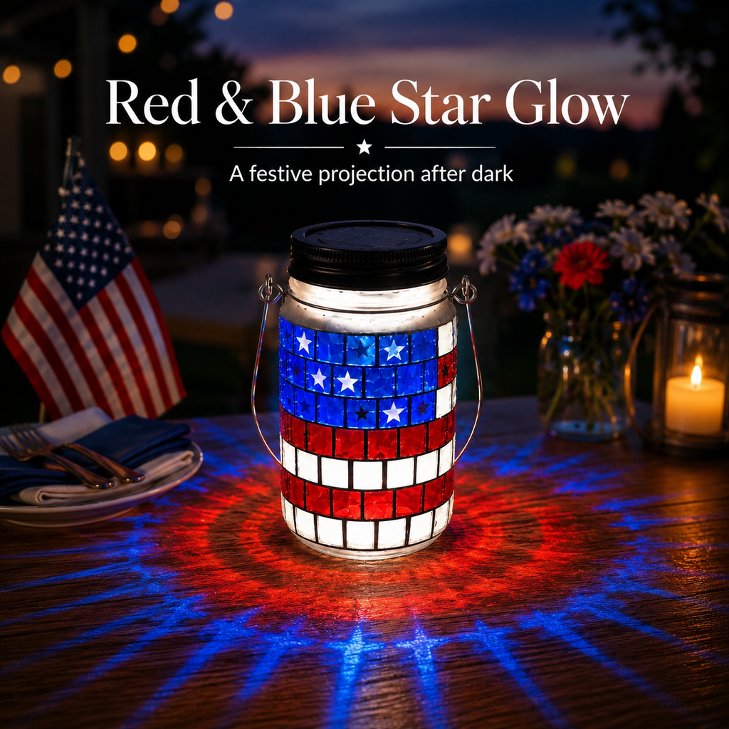 4th of July Solar Lantern Patriotic Mason Jar Outdoor Garden Decorative Light