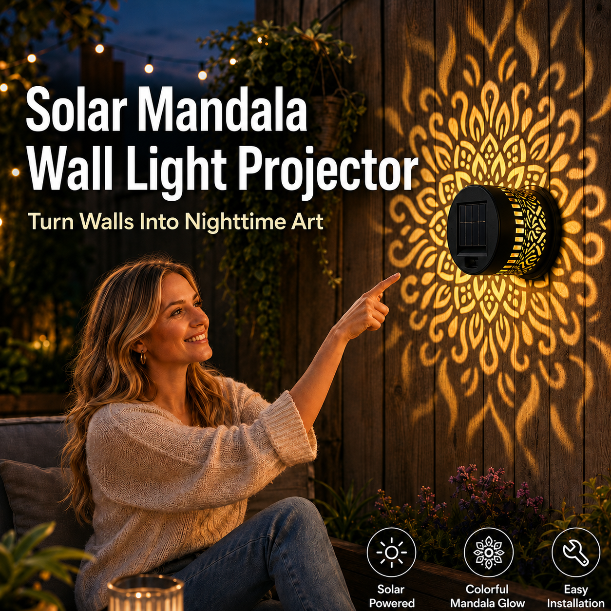 Solar Wall Light Outdoor Mandala LED Waterproof Garden Path Fence Lighting Decor