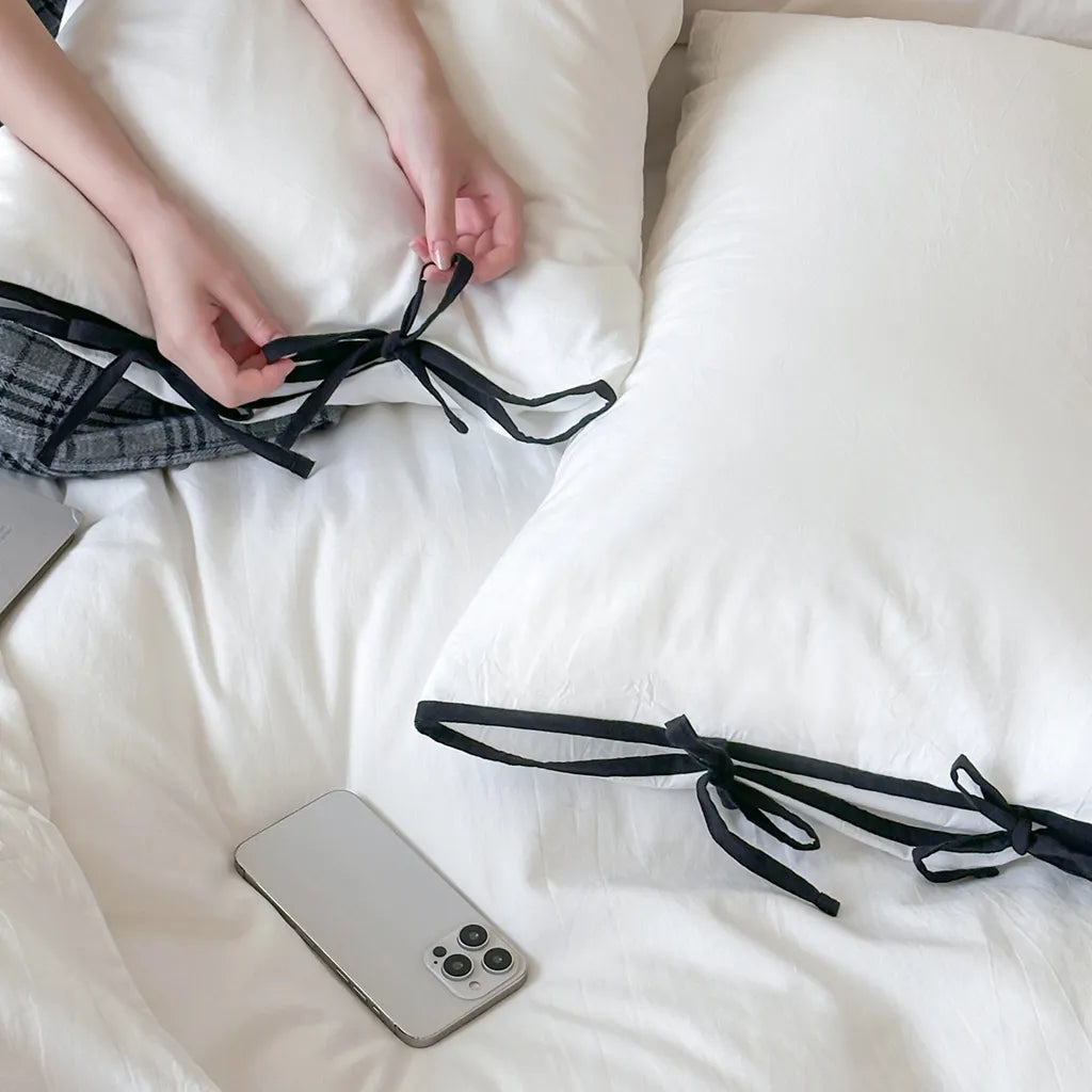Contrast Bow Cotton Duvet Cover Elegant Bedroom Bedding