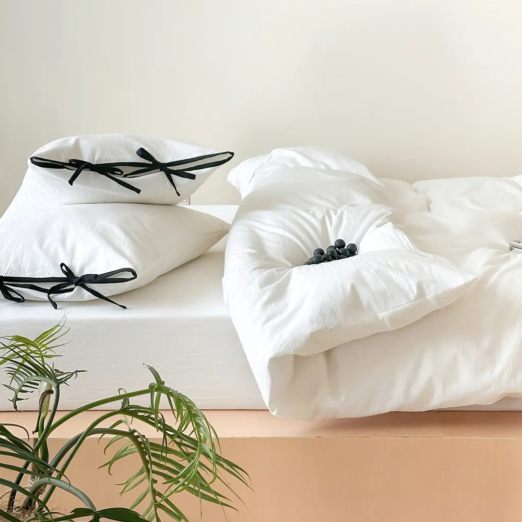 Contrast Bow Cotton Duvet Cover Elegant Bedroom Bedding